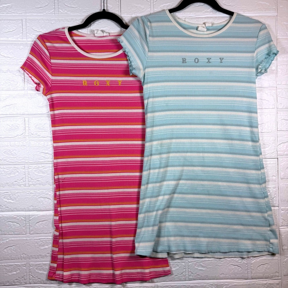 Roxy T-Shirt Dress Kids L 14/16 Pink Blue Striped Ribbed Knit 2pk Summer